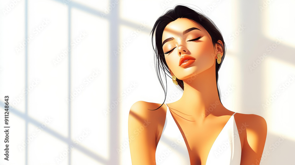 Wall mural a graceful girl in a white dress enjoys the warm sun, showcasing her delicate features and soft make