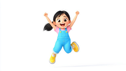 A joyful girl in blue overalls and yellow sneakers leaps into the air, mimicking an airplane with playful glee.