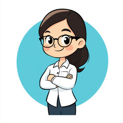 Cartoon avatar of a young Asian female in stick figure style. Features a sleek, batikinspired design in soft gray and blue.