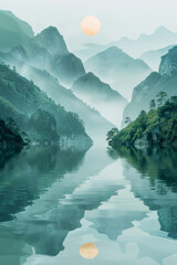 green mountains, hills, river, mist, with water reflection, in chinese ink painting style, fantasy landscape wallpaper