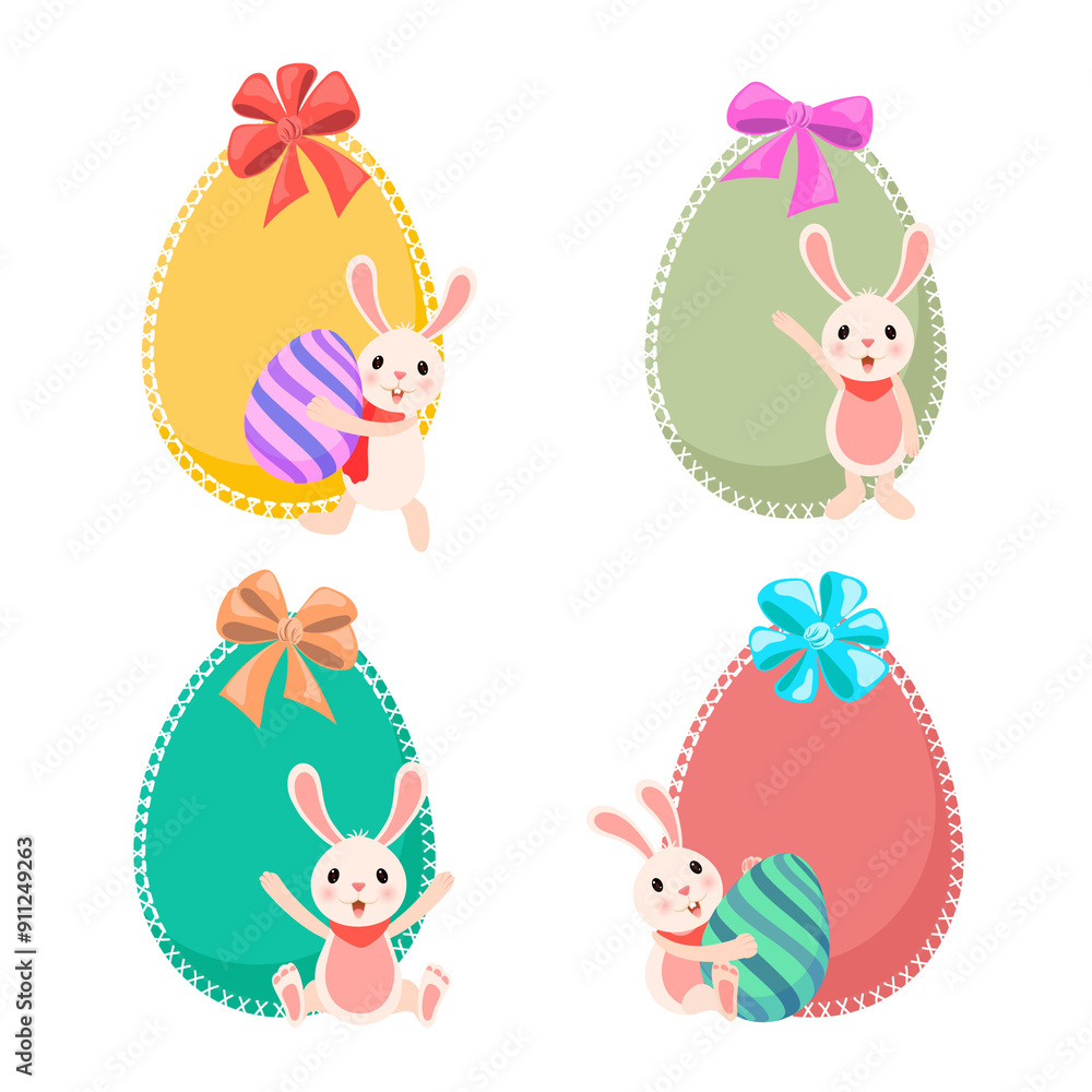 Poster Decorative Easter Eggs with Bow Ribbon, Cute Bunnies Characters on White Background.