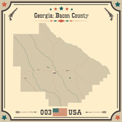 Large and accurate map of Bacon County, Georgia, USA with vintage colors.