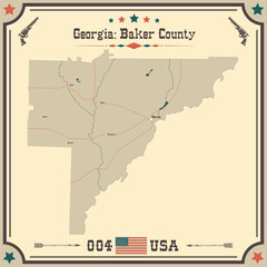 Large and accurate map of Baker County, Georgia, USA with vintage colors.
