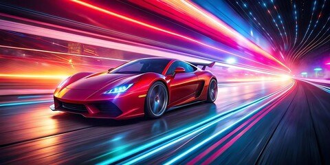 A Supercar On Neon Highway, Powerful acceleration of a high speed on a night track with colorful lights and trails background
