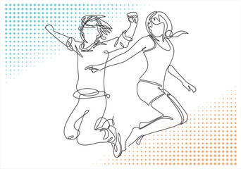 continuous line drawing of two happy teenagers jumping and having fun