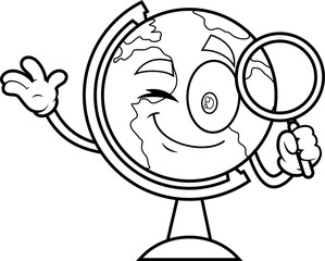 Outlined School Globe Cartoon Character Holding A Magnifying Glass And Waving. Vector Hand Drawn Illustration Isolated On Transparent Background