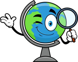 School Globe Cartoon Character Holding A Magnifying Glass And Waving. Vector Hand Drawn Illustration Isolated On Transparent Background