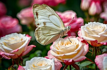 Naklejka premium A view of a beautiful white butterfly on a beautiful rose