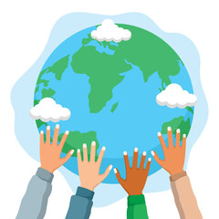 concept illustration of a group of hands holding the earth, flat style vector illustration.