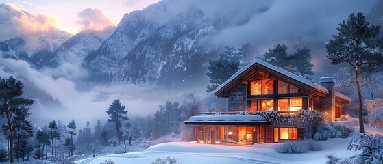 A large house with a fireplace sits on a snowy mountain