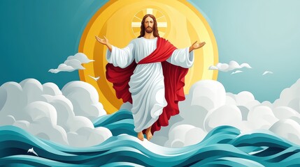 Jesus in Clouds with Waves and Sun Background