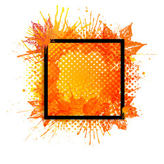 Bright autumn  banner with square black frame for text on vivid paint splashes, maple leaves and halftone elements background. Vector illustration.