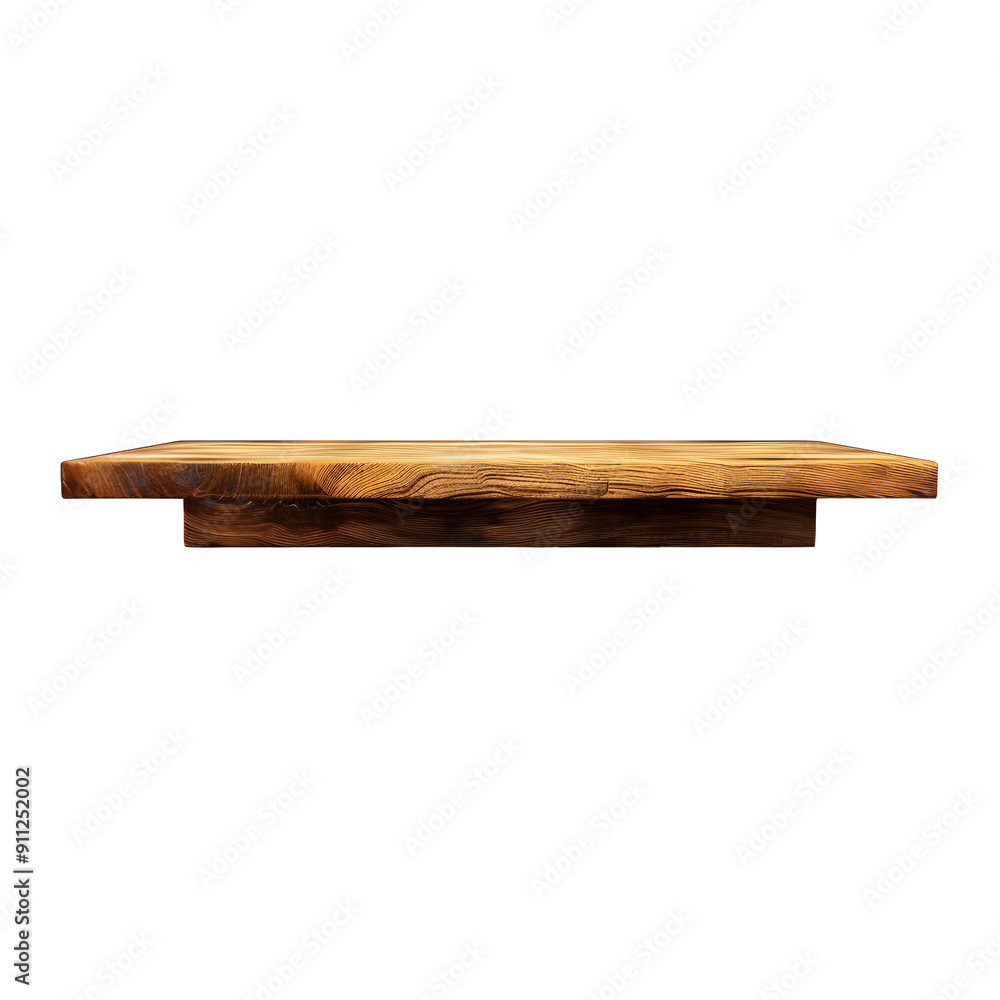 Poster high-quality image of a wooden shelf isolated on a transparent background, showcasing wood texture