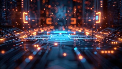 Fototapeta premium Circuit Board Close Up With Glowing Lights