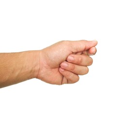 Male hand making a gesture of holding a card or business card. Some types of documents ID card Or a passport, coin, or something. Isolated on a white background.