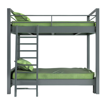 3d render of metallic bunk beds with green bedding, on a clear background