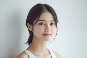 young japanese woman with natural makeup and soft smile