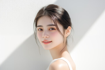 young japanese woman with natural makeup and soft smile