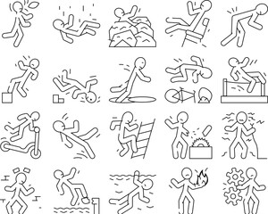 accident injury man person icons set vector. human car crash, fail safety, road danger, slip caution, work risk traffic accident injury man person black contour illustrations