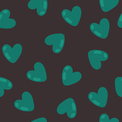 Green hearts on black background, seamless pattern. Vector 