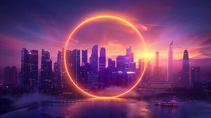 Obraz premium Yellow and Purple Neon Light with cityscape view, Circle frame