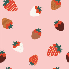 Seamless vector pattern with red chocolate covered strawberries on a pink background in a flat style. Ideal for print, wrapping paper, wallpaper, fabric, design
