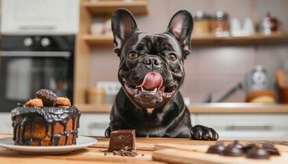 Happy French Bulldog Enjoying Chocolate Cake at Home Kitchen During Daytime