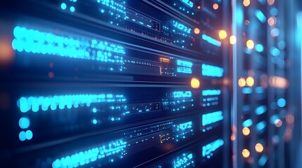 Naklejka premium Data center server racks, close-up view, blue LED lights, glowing, futuristic, high-tech, network infrastructure, blurred background, panoramic aspect ratio, cool tones.