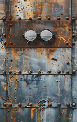 Vintage round glasses on a rusty metal background, blue and orange, industrial, grunge, nostalgia, perfect for a retro or steampunk design. 
