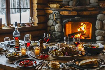 Obraz premium Warm rustic cabin interior with red wine and roasted chicken, perfect for cozy winter holidays. 