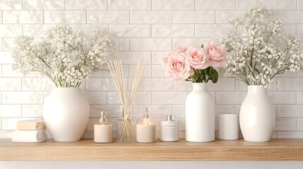 Elegant bathroom shelf styling, white ceramic tiles background, floating wooden shelf, pastel pink roses, baby's breath flowers, white ceramic vases, candles, diffuser sticks.
