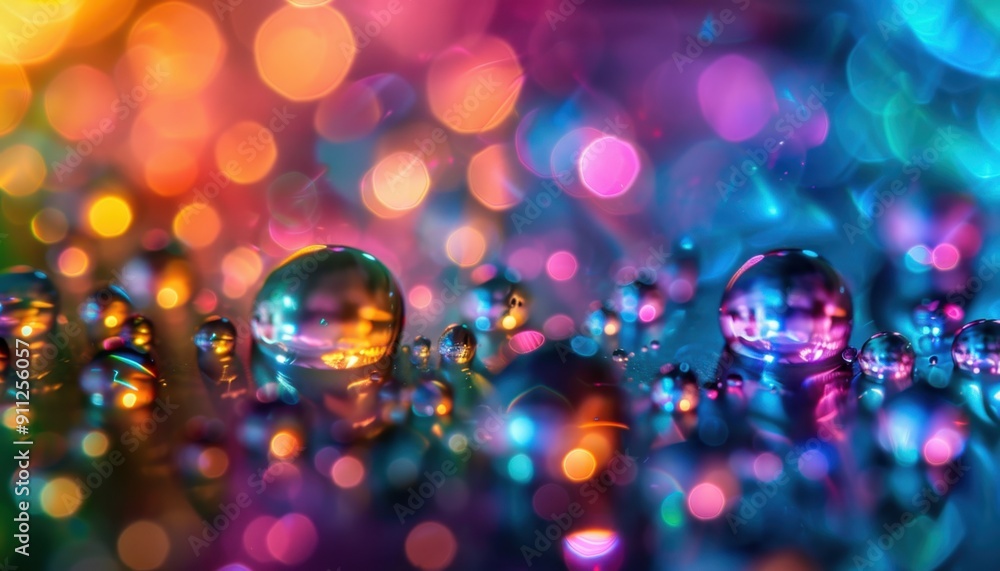 Poster colorful reflections of raindrops on a surface with soft bokeh effects at twilight