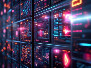 Obraz premium Cybersecurity breach, vibrant colors, digital screens, tech setting, modern