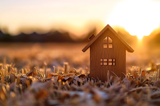 A wooden house silhouette in a field of dry grass, bathed in warm golden light, evokes a feeling of home and peace during a beautiful sunset. 

