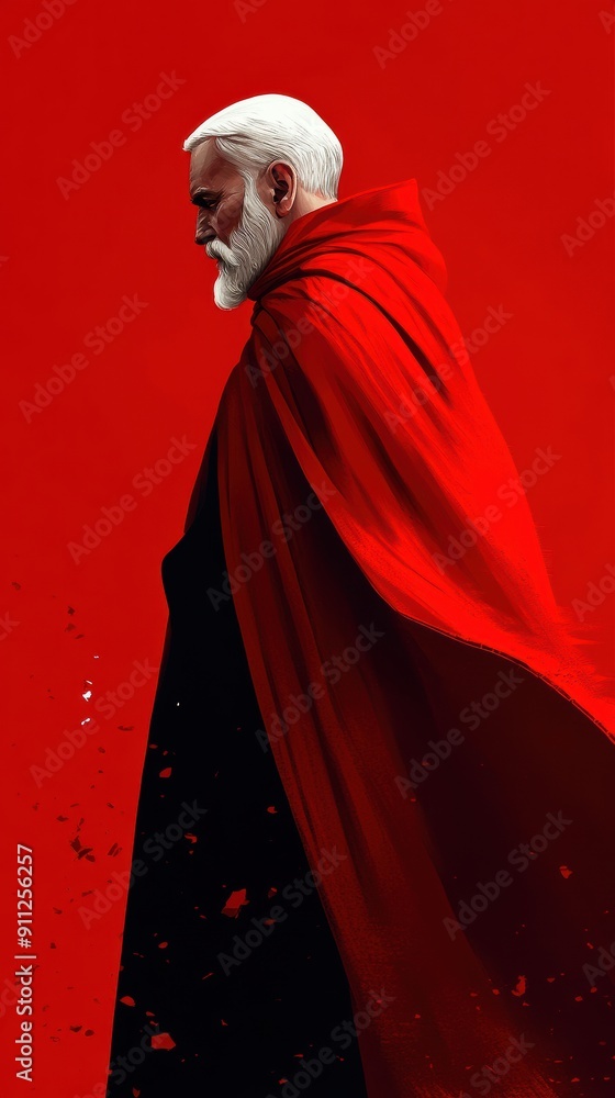 Poster Man in Red Cloak Against Bold Red Background