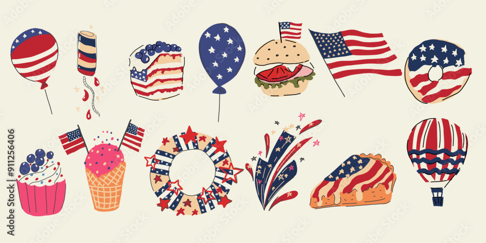 Wall mural vector patriotic hand drawn set. happy independence day concept. american holiday.