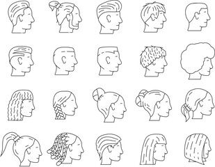 hairstyle face, hair girl woman icons set vector. haircut fashion, female model style, beauty salon, beautiful glamour portrait makeup hairstyle face, hair girl woman black contour illustrations