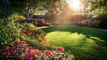Fototapeta premium Lush backyard garden, vibrant flowerbeds, manicured lawn, golden hour sunlight, warm color palette, sun rays filtering through trees, soft shadows, colorful blooms, red and pink flowers.