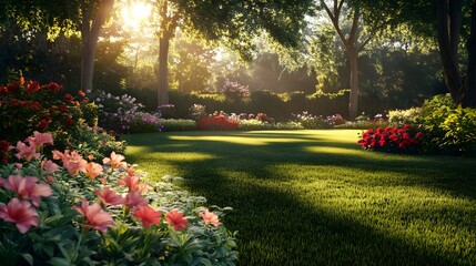 Obraz premium Lush backyard garden, vibrant flowerbeds, manicured lawn, golden hour sunlight, warm color palette, sun rays filtering through trees, soft shadows, colorful blooms, red and pink flowers.