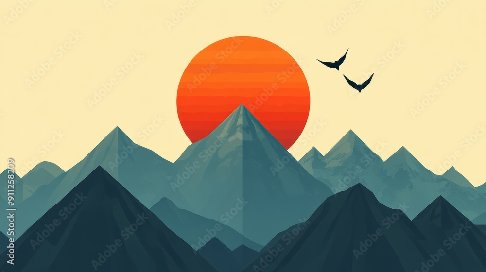 Wall mural Stylized Mountain Landscape with Sunset and Birds