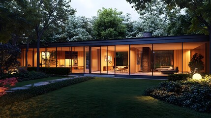 Fototapeta premium Mid-century modern house, floor-to-ceiling windows, flat roof, wood exterior, lush green garden, manicured lawn, sunlit interior, warm evening glow, reflective glass, tranquil atmosphere.