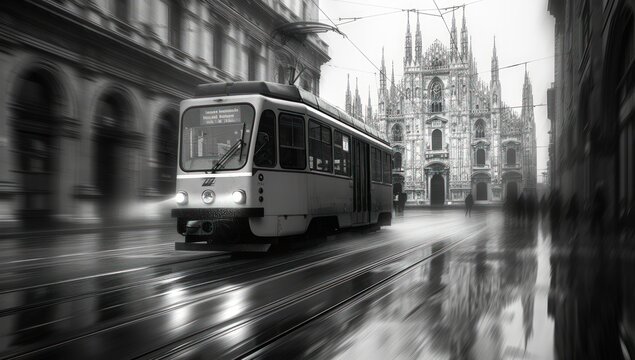Fototapeta A black and white photo of a streetcar passing through the streets of Milan.