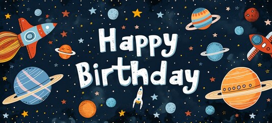 Stellar Birthday Celebration.
A cheerful birthday greeting in space, featuring planets and rockets. Perfect for an adventurous space-themed birthday celebration.