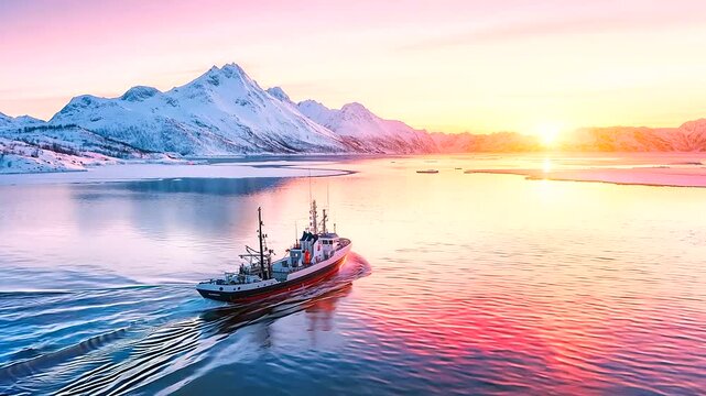 Fishing Ship Boat on Norway Sea Water - Scandinavian Snowy Ice Mountains Landscape, Nordic Island Winter Ocean Adventure, North Tourism Journey, Sweden Arctic Transport at Sunset 