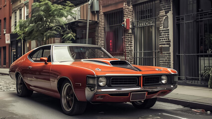 A vibrant orange vintage muscle car is parked on a serene cobblestone street, surrounded by aged brick buildings, exuding charm and nostalgia