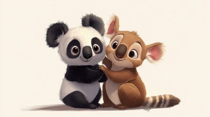 Obraz premium Big-eyed baby animal cartoons, with a panda, koala, and kangaroo joey, hugging and smiling