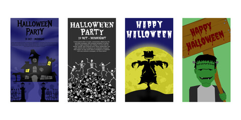 Halloween Party Invitations and Greeting Card Background. Halloween Illustration with Haunted House, Skeleton, Scarecrow and Frankenstein