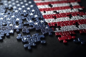 Obraz premium US crisis with the American flag in a jigsaw puzzle as pieces missing in a financial banking debt and loan guarantees with economic problems due to the mortgage and loans industries.