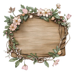 Fototapeta premium Empty Wooden Sign Adorned With Floral Wreaths for Seasonal Decor