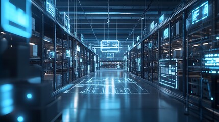 Digital Shelves with Integrated Sensors and Holographic Labels in a High-Tech Warehouse